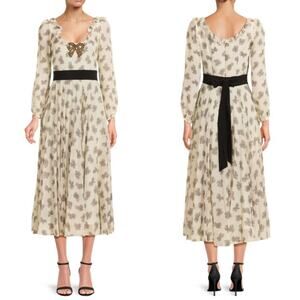 NWOT Saloni Denise Bow Print Silk Midi Dress Cream & Black Women's Size 2